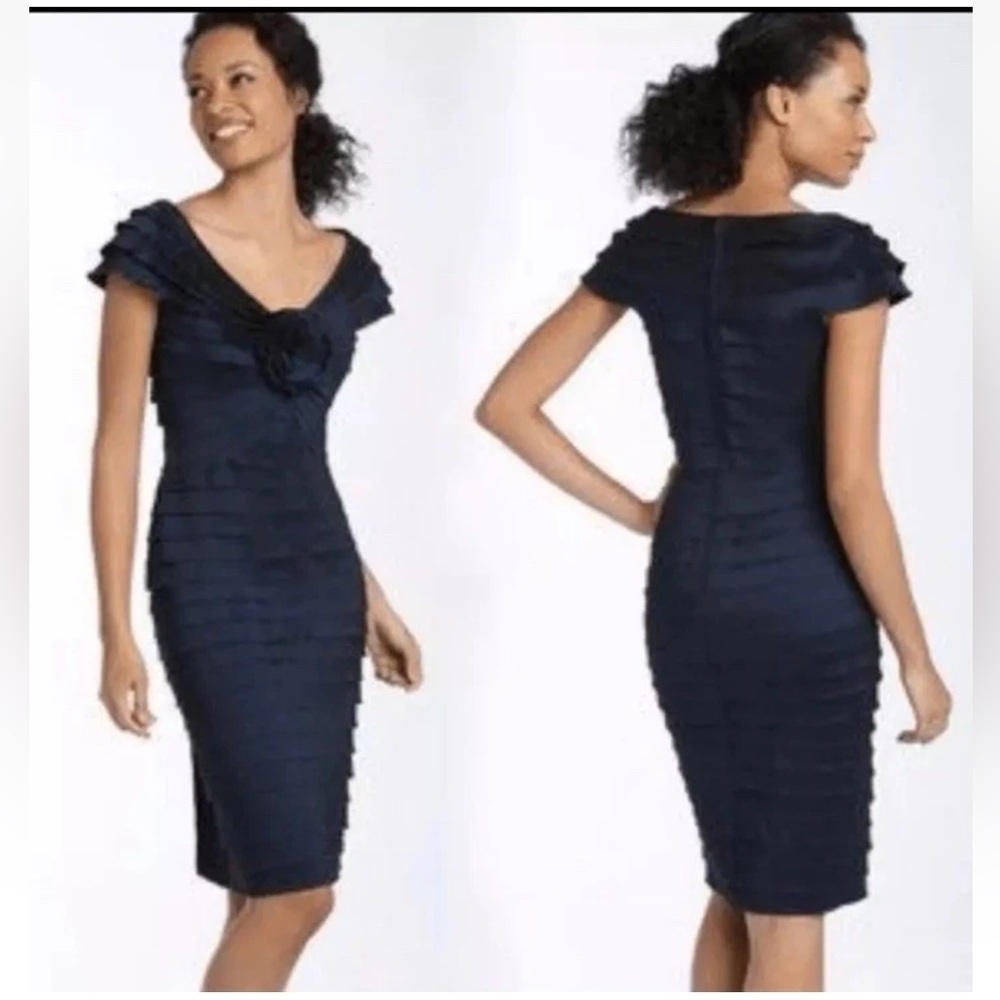 Tadashi Shoji Rosette Shutter Pleat Sheath Dress Sz 6P Navy Blue Formal - Picture 2 of 12